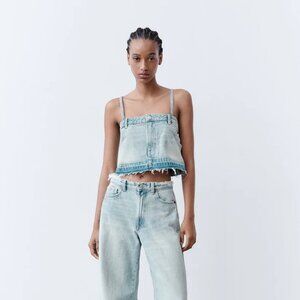 NWT New ZARA Denim Jean Cropped Blue Top Size XS